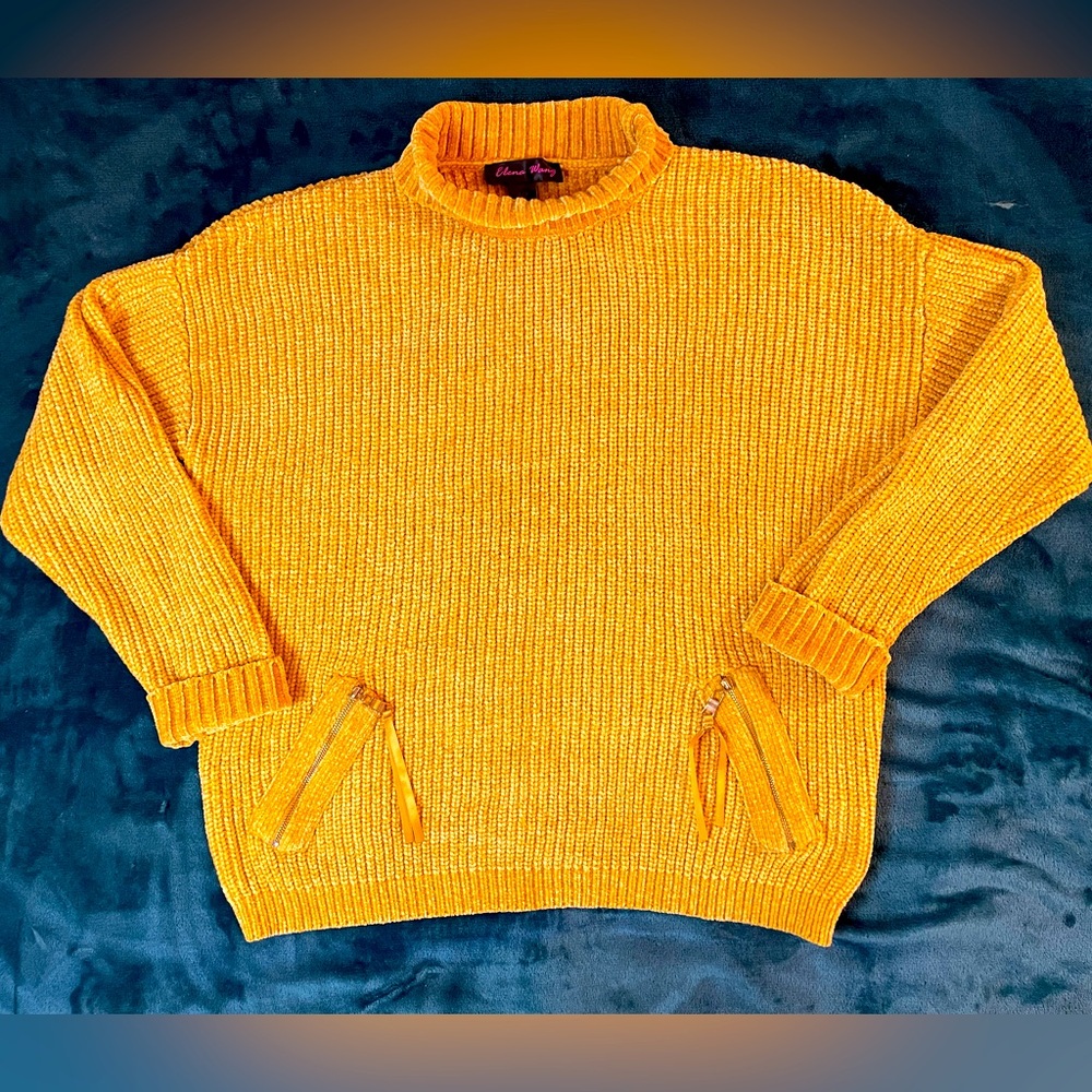 Elena Wang Womens Sweater Sm Mustard Yellow Mock Neck Ribbed Decorative Pockets